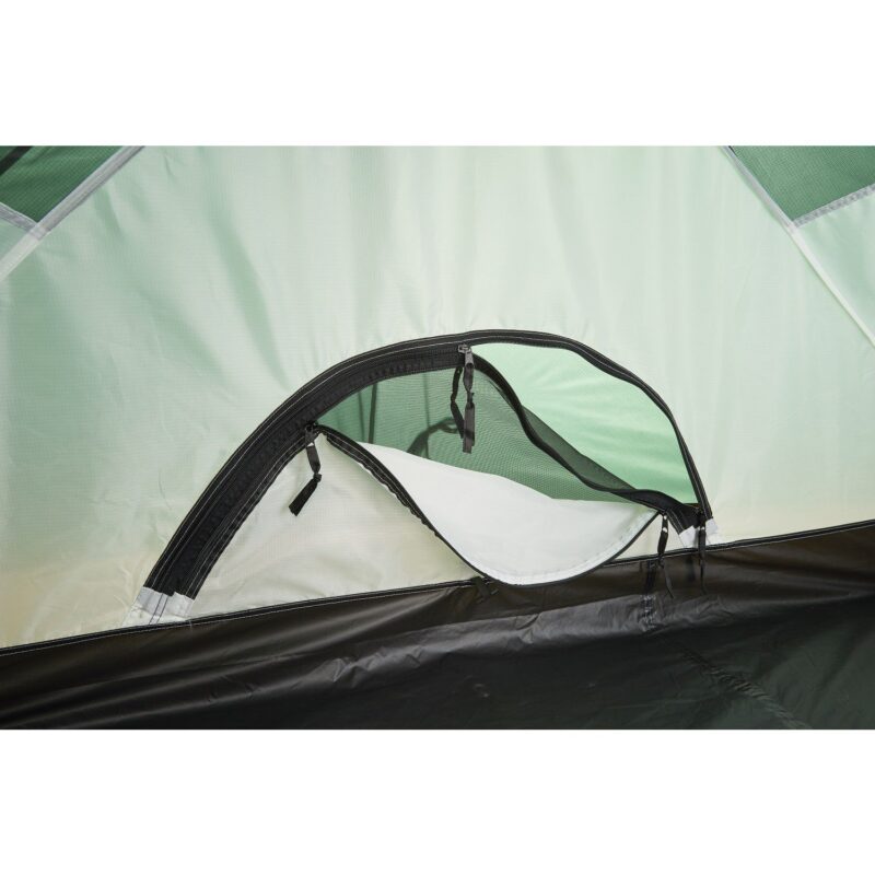 Helm-Compact-1-rear-door-1500x1500-1-3.jpg Interior of a pale green tent showing a semi-circular zippered ventilation window with black mesh and a partially opened white fabric cover above a black groundsheet.