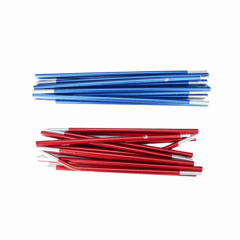 Two bundles of segmented aluminium tent-pole sections on a white background: a metallic blue bundle at the top and a metallic red bundle at the bottom, each showing silver connector ends.