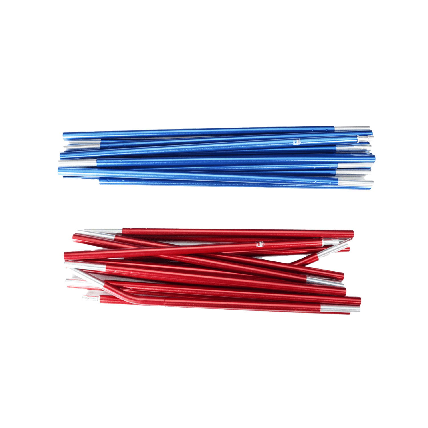 Two bundles of segmented aluminium tent-pole sections on a white background: a metallic blue bundle at the top and a metallic red bundle at the bottom, each showing silver connector ends.