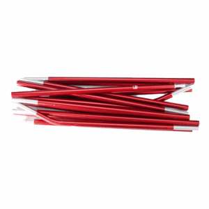 Loose stack of shiny red metal rods with silver end ferrules arranged horizontally on a white background.