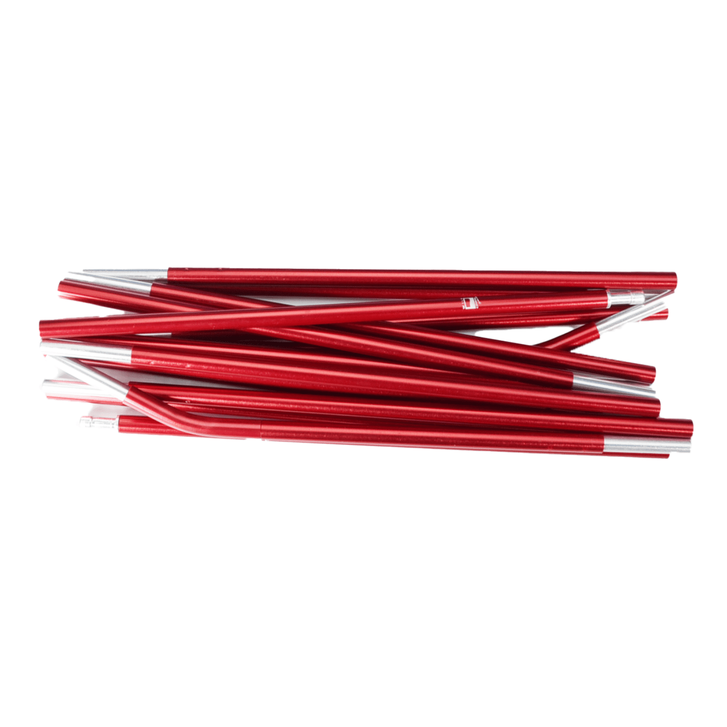 Loose stack of shiny red metal rods with silver end ferrules arranged horizontally on a white background.