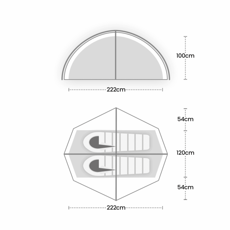 Technical diagram showing a tent side view and floor plan: a semicircular cross-section 222 cm wide and 100 cm high above, and a hexagonal plan 222 cm across below with two sleeping bags placed head-to-head and the interior depth annotated as 54 cm, 120 cm, and 54 cm.