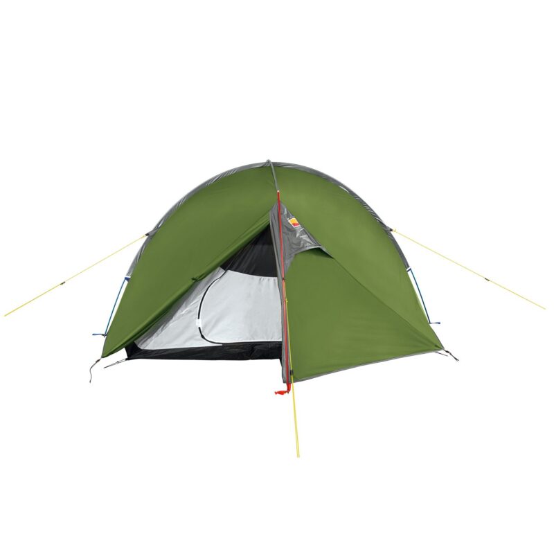 Helm-Compact-3-1500x1500-1-3.jpg Green dome camping tent with an open front flap revealing a white-and-black inner tent, grey trim, yellow guy lines and red pole accents on a plain white background.