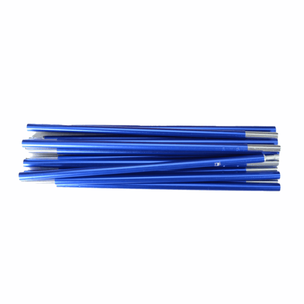 Stack of blue anodised aluminium pole segments with silver connector ferrules arranged horizontally on a white background