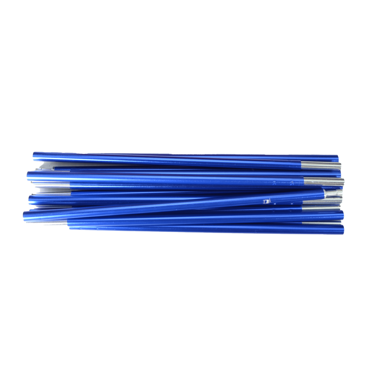 Helm-Compact-3-Blue-Pole-3.png Stack of blue anodised aluminium pole segments with silver connector ferrules arranged horizontally on a white background