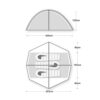 Schematic of a dome tent showing a side profile 225 cm wide and 120 cm high, and a top-down plan 225 cm across with a central 165 cm sleeping area flanked by two 45 cm sections, three lengthwise sleeping mats inside and a central pole dividing the interior.