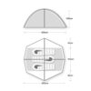 Top: side-profile diagram of a dome tent 225 cm wide and 120 cm high with a central pole; bottom: top-down hexagonal floor plan showing three sleeping mats side-by-side in a 165 cm central sleeping area flanked by two 45 cm vestibules, overall width 225 cm.