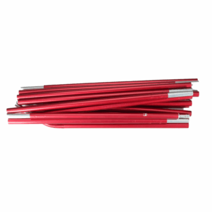 Bundle of collapsed red aluminium tent poles with silver ferrules and hinged sections, stacked horizontally on a white background