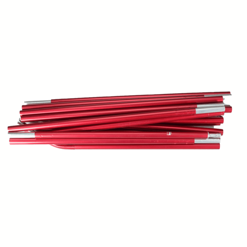 Bundle of collapsed red aluminium tent poles with silver ferrules and hinged sections, stacked horizontally on a white background