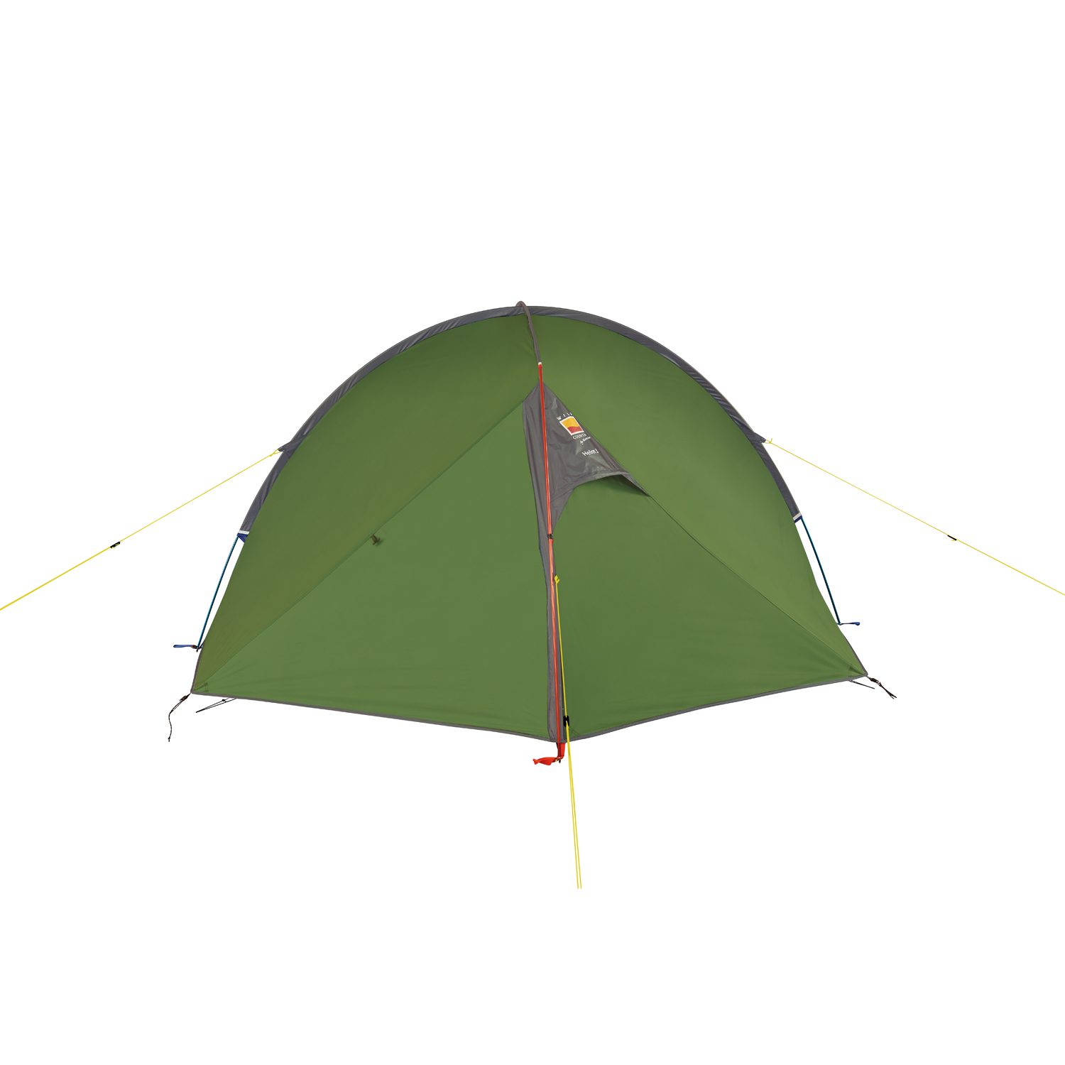 Green dome camping tent with grey trim and a red-zippered front panel, supported by crossed poles and yellow guy lines against a white background.