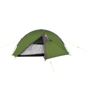 Helm-compact-2-1500x1500-1-7.jpg Green dome camping tent for two with a grey inner tent and partially opened mesh door, red-trimmed front zip and yellow guy lines staked out on a white background