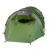 Hoolie-3-ETCTerra-Nova-08-07-2021-3514-scaled-2.jpg Green tunnel-style camping tent with grey trim and multiple yellow guy lines, showing an open front vestibule and inner sleeping area on a white background