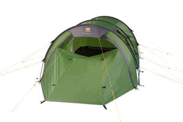 Hoolie-3-ETCTerra-Nova-08-07-2021-3514-scaled-2.jpg Green tunnel-style camping tent with grey trim and multiple yellow guy lines, showing an open front vestibule and inner sleeping area on a white background