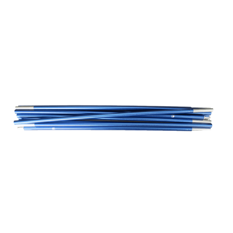 A bundle of blue aluminium tent poles laid horizontally on a white background, showing silver connector ends.