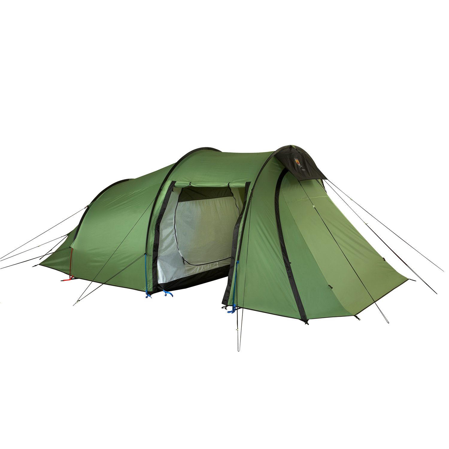Hoolie-6-Cutout-3.jpg Green tunnel-style camping tent with an open central doorway showing a light-coloured inner sleeping compartment and an extended front vestibule, held taut by black poles and guylines