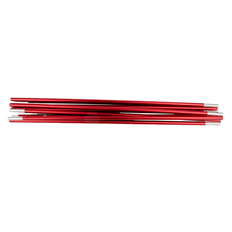 A neat stack of slim red anodised metal poles with silver connector ends lying horizontally on a white background.