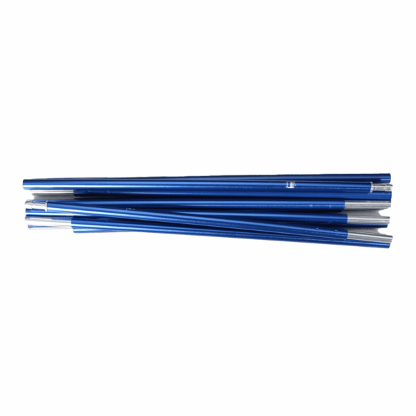 Hoolie-Compact-2-Blue-Pole-3.png Several blue anodised collapsible aluminium tent poles with silver end connectors stacked side by side on a white background.