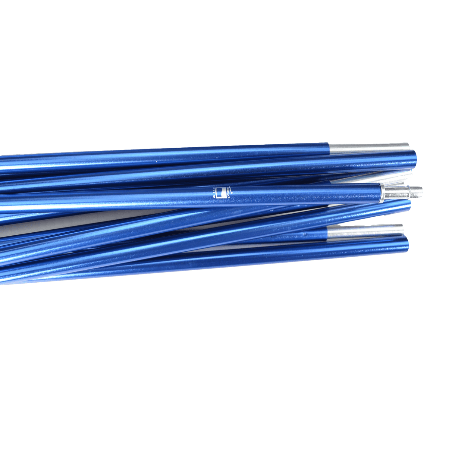 Hoolie-Compact-2-Blue-Pole-Close-Up-3.png Several blue anodised aluminium telescopic poles with silver ferrule ends stacked horizontally on a white background.
