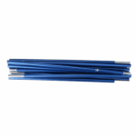 Several blue anodised aluminium tent pole sections with silver ferrule ends stacked on a plain white background