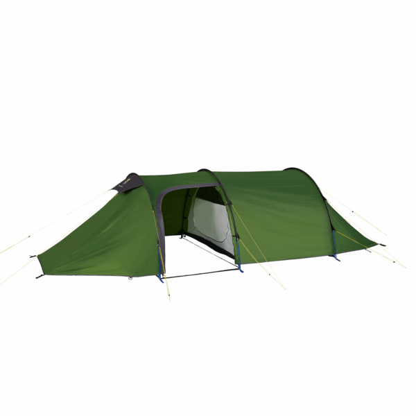 Hoolie-Compact-2-ETC-SS22-1500x1500px-3.png Long green tunnel tent with a central arched entrance partially open to reveal a grey inner mesh compartment, staked with yellow guy lines and blue pole anchors on a white background.
