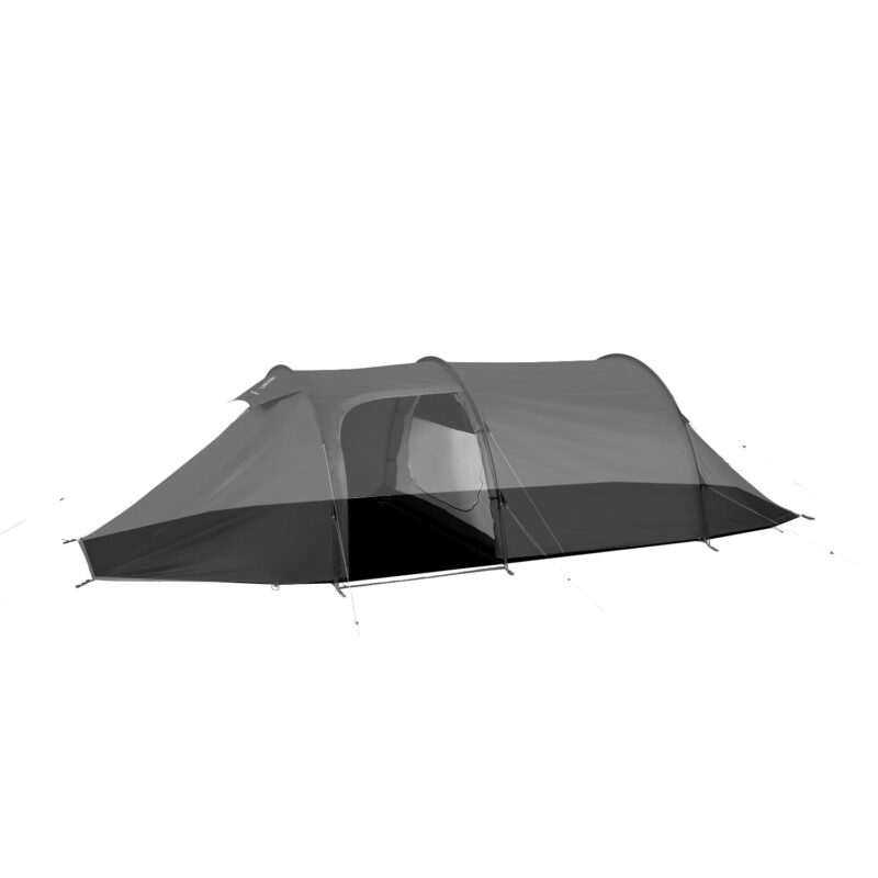 Long tunnel-style camping tent with three arched poles, the central front entrance open to a small interior vestibule and the fly pegged out with guy lines on a plain white background