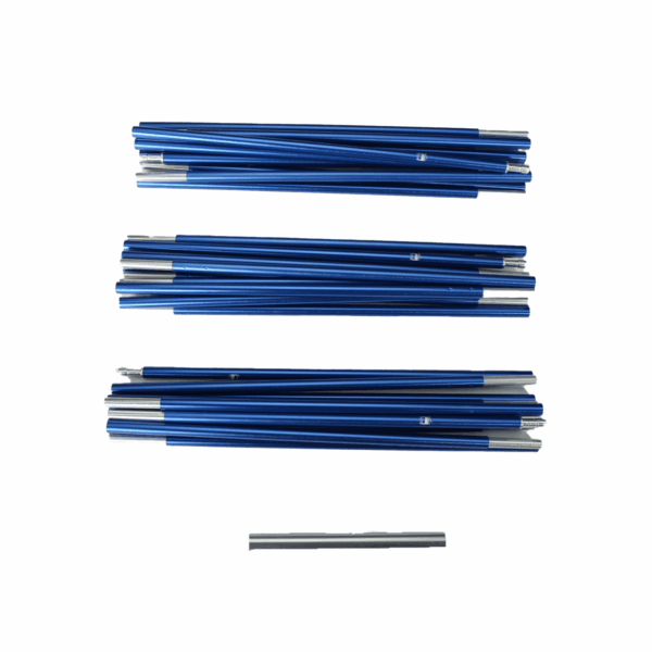 Hoolie-Compact-2-ETC-pole-set-3.png Three horizontal bundles of blue aluminium tent-pole sections with silver connector ends and a single short silver pole centered below on a white background.