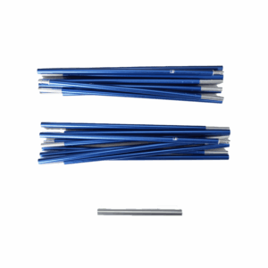Hoolie-Compact-2-Pole-Set-3.png Several blue anodised metal rod segments with silver connector ends arranged in two stacked bundles and one single segment on a white background.