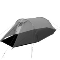Studio product image of a low-profile grey two-person tunnel tent with an open front vestibule revealing the inner doorway, arched pole structure, dark sewn-in groundsheet and taut guy lines pegged out.