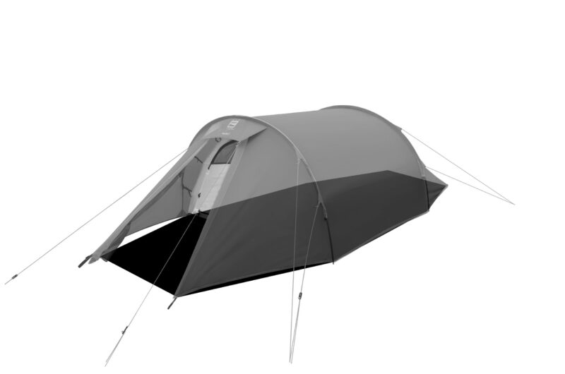 Studio product image of a low-profile grey two-person tunnel tent with an open front vestibule revealing the inner doorway, arched pole structure, dark sewn-in groundsheet and taut guy lines pegged out.