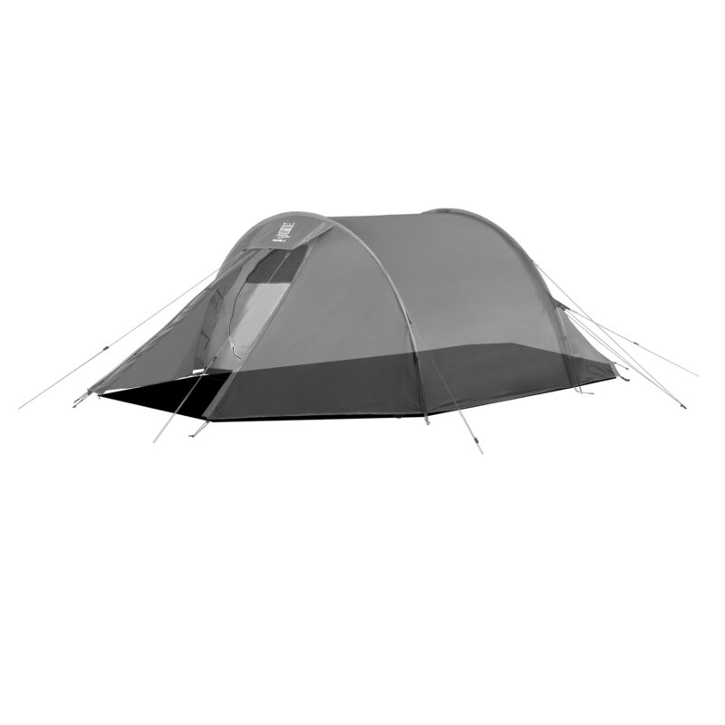 Hoolie-Compact-3-1500x1500-1-3.jpg Grey tunnel-style camping tent with an open front doorway, low-profile rainfly and tensioned guy lines, shown isolated on a white background
