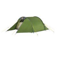 Green tunnel-style camping tent with grey trim and bright yellow guy ropes, front flap partly open to reveal an inner mesh door and arched support poles