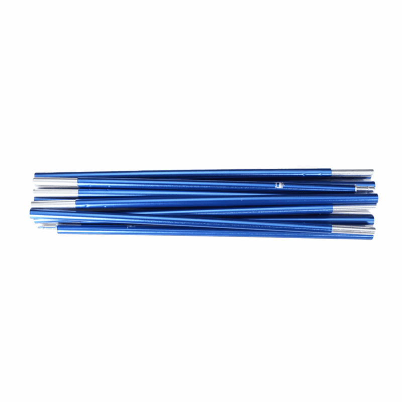 Hoolie-Compact-3-Blue-Pole-3.png Bundle of blue collapsible aluminium tent-pole sections with silver ferrules arranged horizontally on a white background