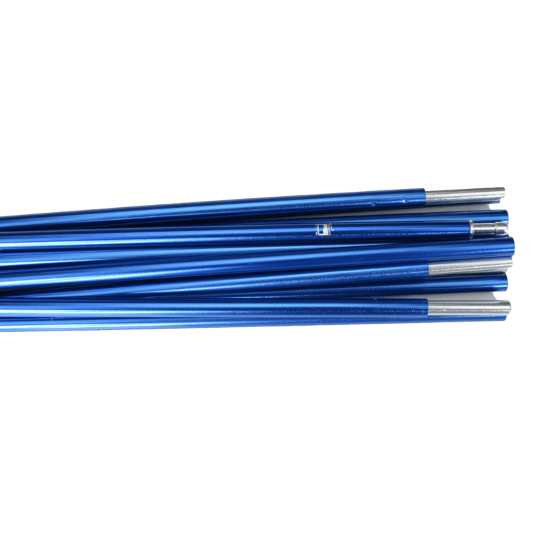 Hoolie-Compact-3-Blue-Pole-Close-Up-3.png Bundle of blue anodised aluminium tent poles with silver metal ferrules arranged diagonally on a white background