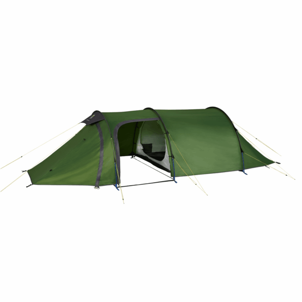 Hoolie-Compact-3-ETC-Flysheet-and-inner-door-open-1500x1500px-3.png Green tunnel-style camping tent with an open front vestibule revealing a grey inner sleeping compartment, supported by curved black poles and yellow guy lines on a white background