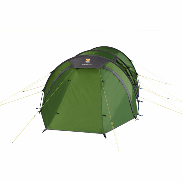 Hoolie-Compact-3-ETC-Front-Porch-Door-Closed-1500x1500px-1.png Green three-arched camping tent with grey trim and logo on the front, secured by multiple yellow guy lines and shown isolated on a white background
