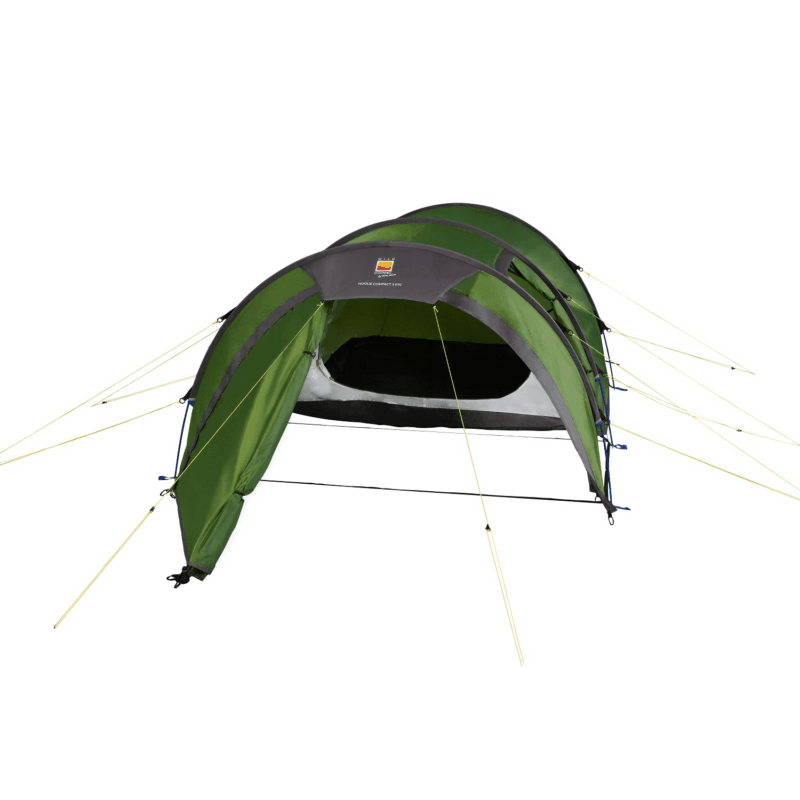 Green three-arched tunnel tent with grey trim and yellow guy lines, front entrance open to reveal a black inner floor on a white background.