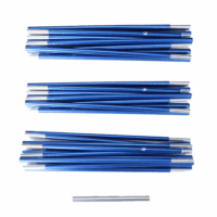 Three neat stacks of blue anodised collapsible pole segments with silver connector ends arranged on a white background, with a single silver segment placed below them.