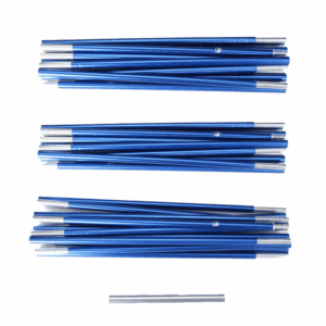 Hoolie-Compact-3-ETC-Pole-Set-3.png Three neat stacks of blue anodised collapsible pole segments with silver connector ends arranged on a white background, with a single silver segment placed below them.