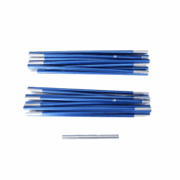 Several blue aluminium tent-pole sections with silver ferrules arranged in two stacked bundles and a single short silver section below on a white background.