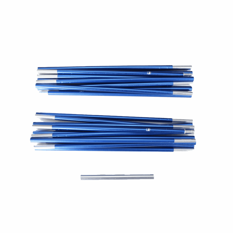 Hoolie-Compact-3-Pole-Set-3.png Several blue aluminium tent-pole sections with silver ferrules arranged in two stacked bundles and a single short silver section below on a white background.