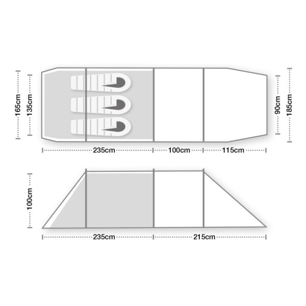 HoolieCompact3ETC1500x1500px-3.jpg Top-down and side-view schematic of a three-section tent/awning with the left storage bay (235 cm) shown holding three kayaks, a central bay (100 cm) and a right bay (115 cm), annotated with heights and depths (left 165 cm/135 cm, right 185 cm/90 cm) and a side elevation showing 100 cm height with 235 cm and 215 cm horizontal segments.