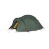 Green dome-style camping tent with a curved front entrance partly open to reveal a yellow inner door, supported by black poles and taut guy lines pegged with blue anchors on a white background.