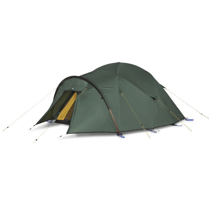 Hyperspace-1500x1500-1-1.png Green dome-style camping tent with a curved front entrance partly open to reveal a yellow inner door, supported by black poles and taut guy lines pegged with blue anchors on a white background.