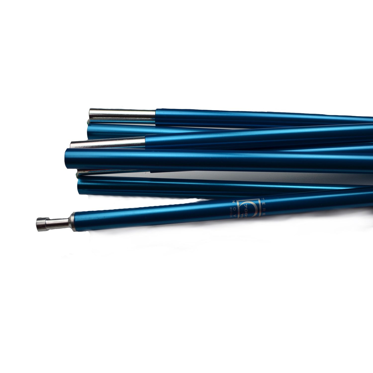 Hyperspace-Blue-Pole-3.jpg Collapsed metallic blue tent poles with silver connector tips stacked horizontally on a white background.