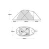 Technical diagram with side and top views of a tunnel-style two-person tent showing crossed pole structure and dimensions: overall length 346 cm, central sleeping area 206 cm, left vestibule 55 cm, right vestibule 85 cm, internal width 183 cm and peak height 122 cm; top view shows two side-by-side sleeping mats.
