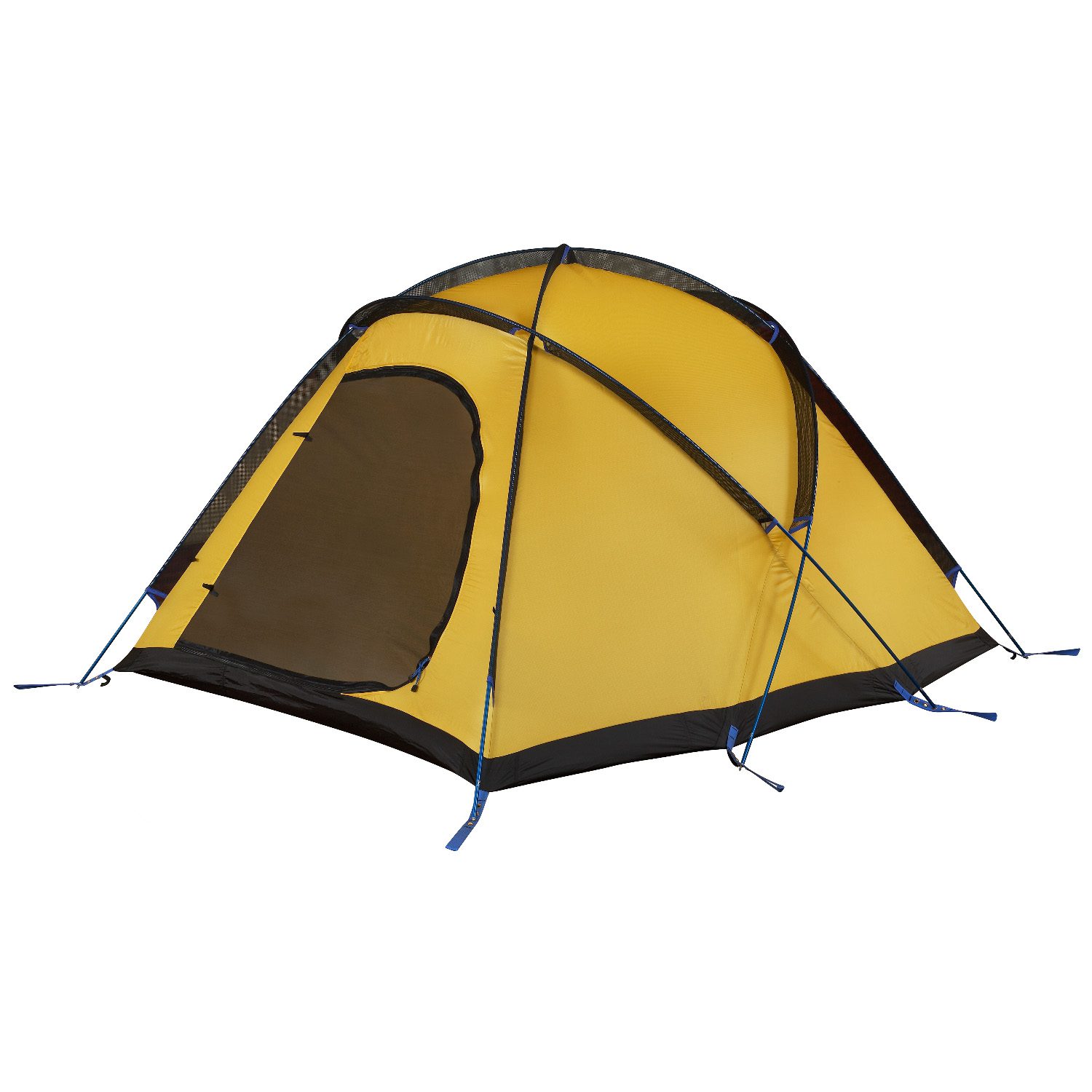 Yellow dome camping tent with a black base and mesh door, supported by crossed black and blue poles and blue guyline straps, shown against a white background.