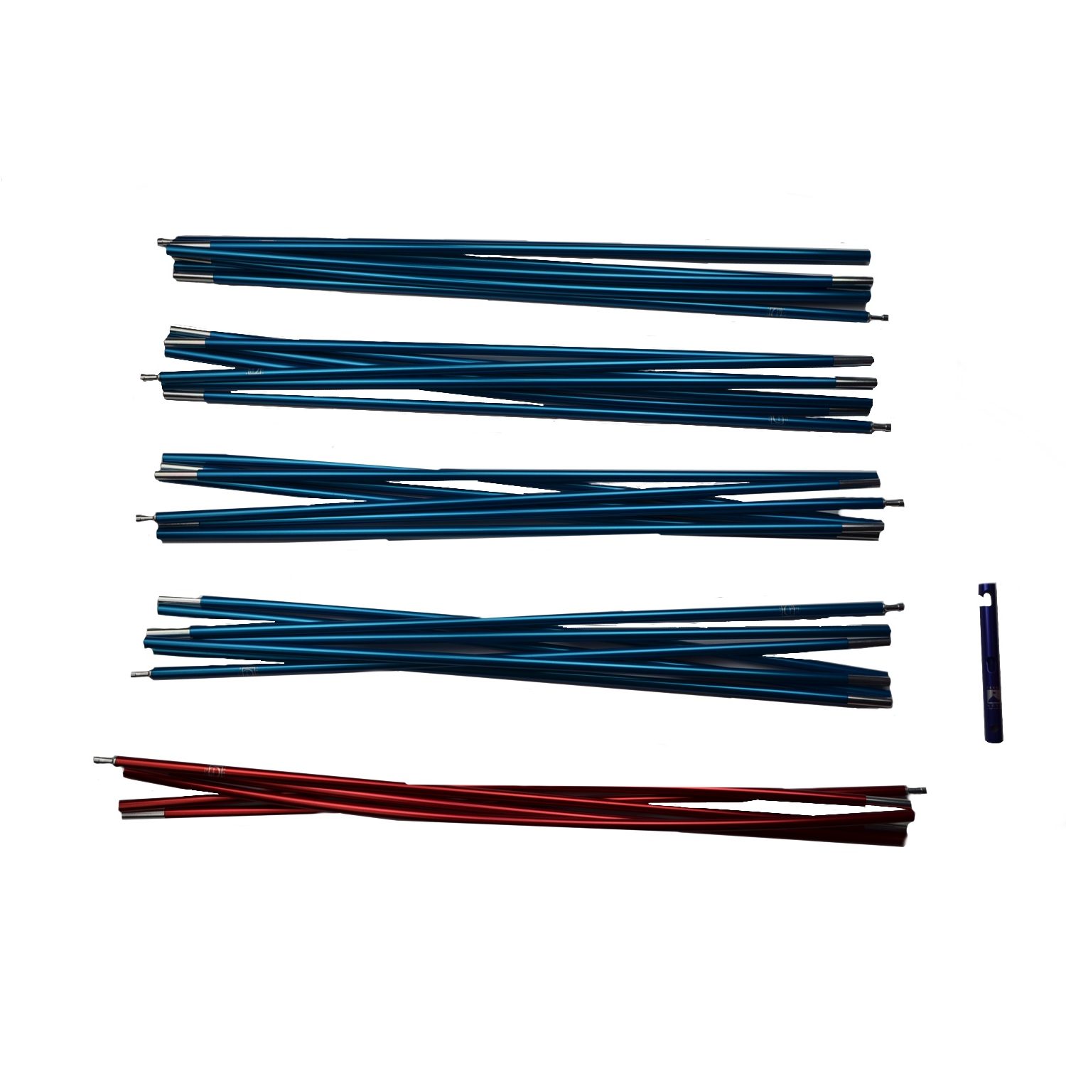 Hyperspace-Pole-Set-rotated-5.jpg Multiple blue and one red sets of telescopic aluminium tent pole segments arranged in horizontal rows on a white background, with a small blue connector/repair tool at the right.