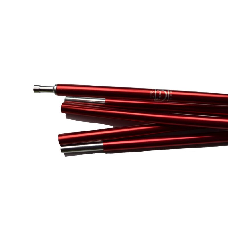 Red anodised aluminium tent pole segments with silver metal ferrules overlapped on a white background.