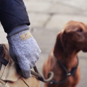 A gloved hand wearing a grey wool glove grips a canvas bag strap and dog lead, with a brown dog out of focus on a paved street in the background.
