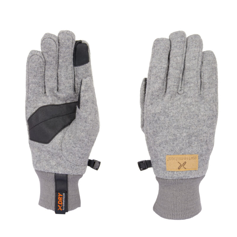 Igneous-Glove-Back-and-Palm-1.jpg Gray outdoor gloves with a textured palm for enhanced grip, featuring a thumb patch and a branded tag. Ideal for cold weather activities and versatile use.